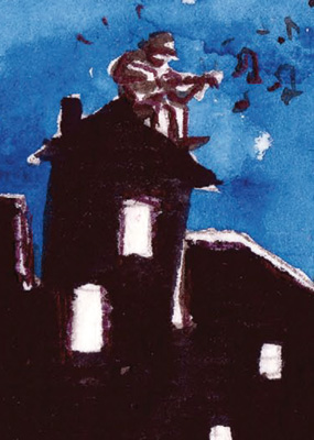 dessin d'Aurélien sur le toit d'une maison jouant de la guitare