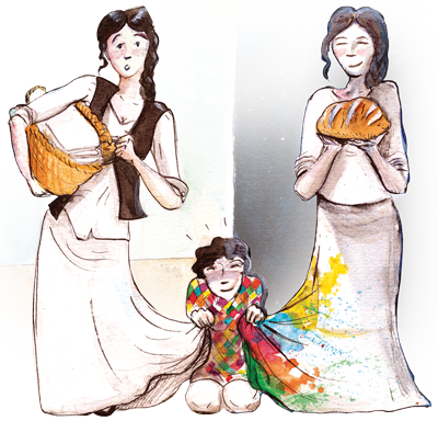 Blanche tient un panier à linge, Madeleine tient un pain